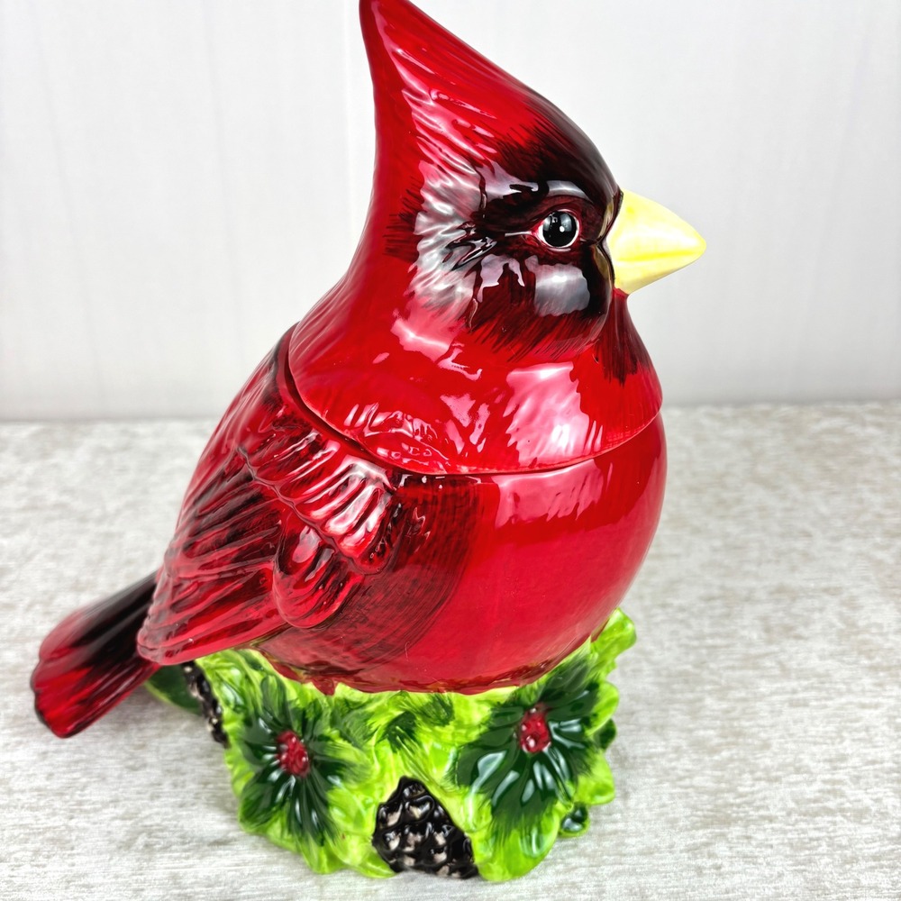 Red Cardinal Cookie Jar 11" High Bird Shaped Ceramic Winter Kitchen Baking Gift
